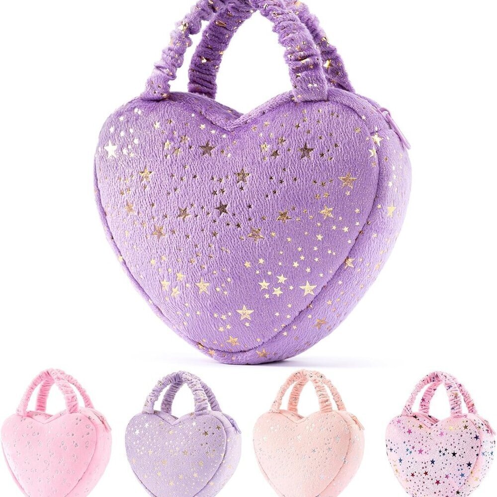Heart-Shaped Plush Tote Bag Synthetic Leather Deep Purple Silver Stars